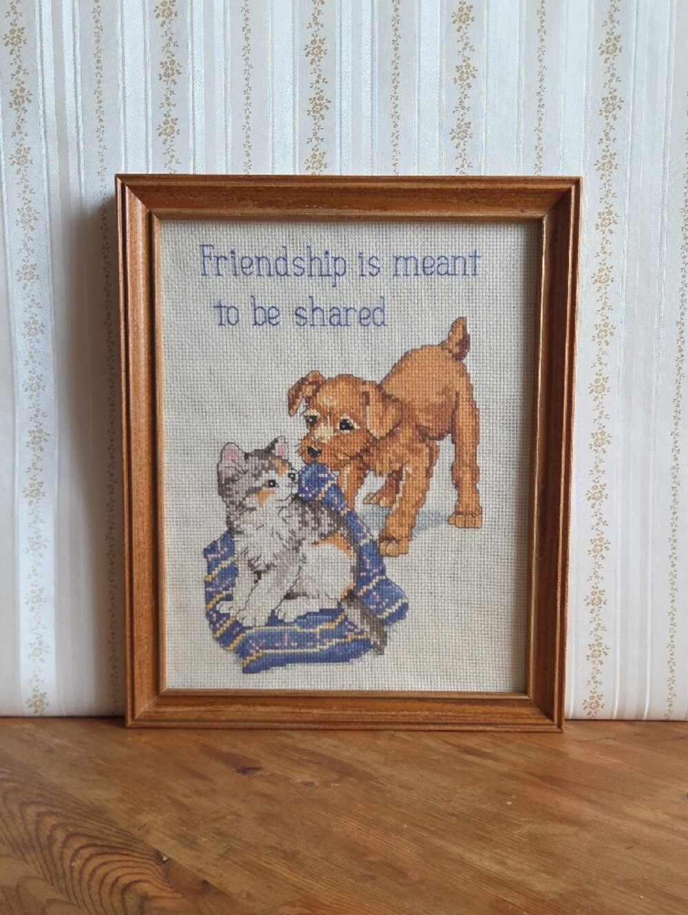 Vintage Framed Friendship Dog & Cat Cross-Stitch Needlepoint Folk Art 8x10